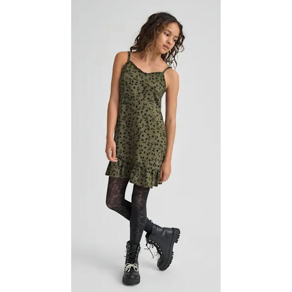 Sugar & Jade Girls Olive Green Floral Cami Dress Ruffle Hem XL 16/18 NWT